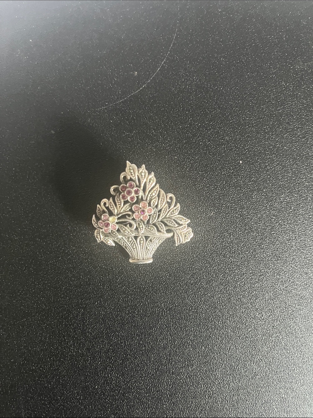 Sterling Silver Floral Basket Brooch with Pink Accents - Women Jewelry